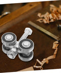 Heavy Duty Double Bearing Sliding Door Pulley Kit Built Tough To Roll Like Butter On Any Barn Door Track Or Closet Setup With Premium Stainless Steel Caster Wheels on a wooden surface.