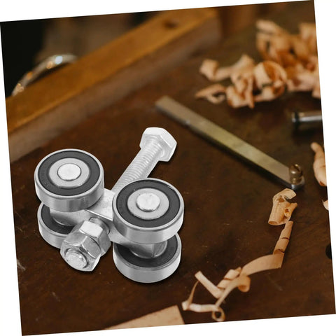 Heavy Duty Double Bearing Sliding Door Pulley Kit Built Tough To Roll Like Butter On Any Barn Door Track Or Closet Setup With Premium Stainless Steel Caster Wheels on a wooden surface.