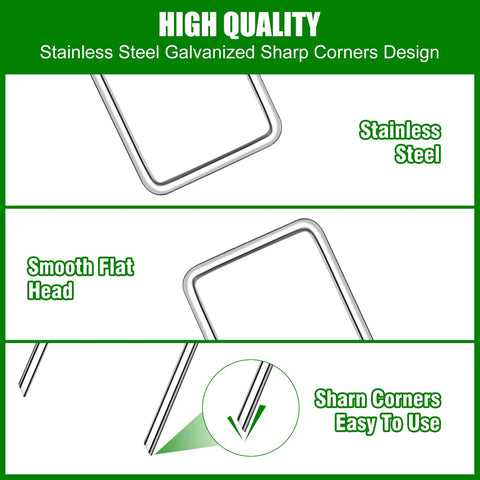 Heavy Duty 6 Inch Garden Staples, 11 Gauge, 25 Pack, Galvanized U-Shaped Ground Nails with smooth flat head and sharp corners