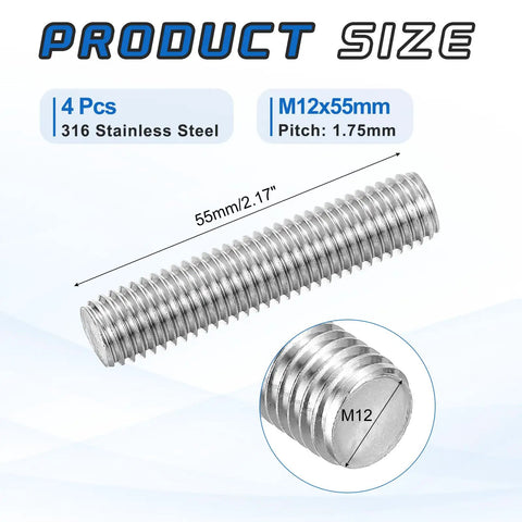 Image of Four Pack M12x55mm Fully Threaded Rod 316 Stainless Steel Right Hand All Thread Screw Studs For Furniture Assembly Fastening And Built Tough Bracing One Point Seven Five Millimeter Pitch showing a single rod and close-up.