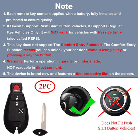 Instructions for RAM DIY Key Fob Replacement For 2013 2014 2015 2016 2017 1500 2500 3500 Keyless Entry Remote warning against push start vehicle use