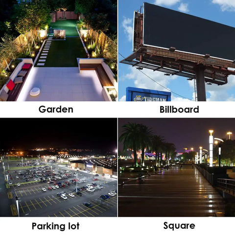 Ultra Bright 200W LED Flood Light 6000K Daylight White illuminating garden, billboard, parking lot, and square