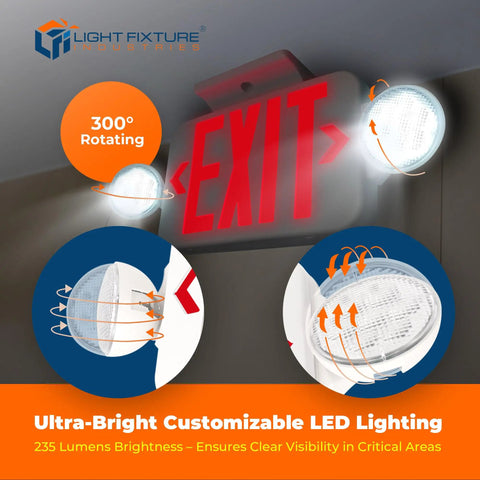 Compact Combo Exit Sign With Emergency Lights Red LED, White Housing, 120/277VAC Hardwired With Battery Backup, UL 924