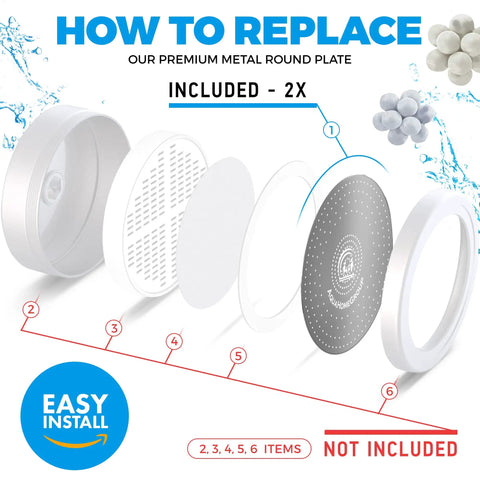 Disassembled view of 2 cartridges for High Pressure Luxury Shower Head Filter With 15 Stage Hard Water Purification, easy install instructions