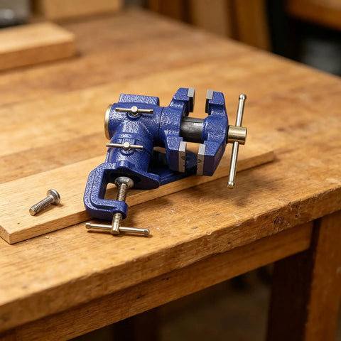 Heavy Duty Woodworking Bench Clamp With 360 Rotation For Pros, High Carbon Steel Vise on wooden table for workshop use.