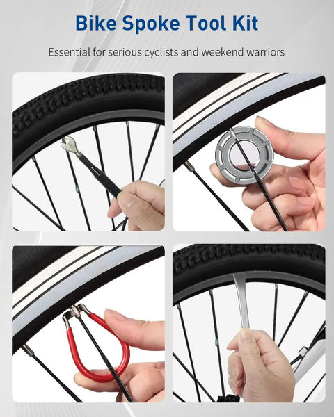 All In One Bike Spoke Wrench Kit For Pros And Weekend Riders, 8 Piece Rim Truing And Tire Lever Set shown in use on bike wheel