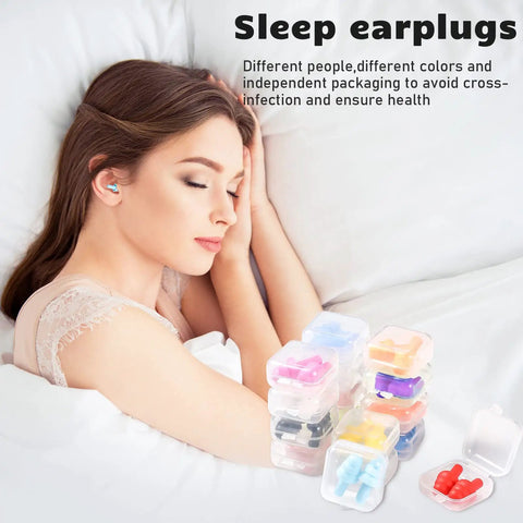 Woman sleeping with 150 Pairs Bulk Silicone Ear Plugs With Carry Case Individually Wrapped Soft Reusable Noise Cancelling Ear Plugs