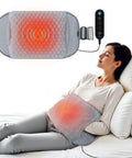Woman using Extra Large Heating Pad With Massager For Back Pain And Cramps Auto Shut Off Corded Heated Waist Belt