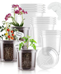 Clear Nursery Pots Set In 5 Inch 4 Inch And 3.5 Inch Sizes With Drainage Holes For Easy Transplanting Seedlings Cuttings And Succulents Includes 15 Plant Labels And 12 Packs, showing stacked clear pots with plants and labels.
