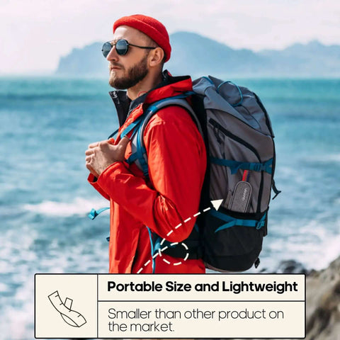 Man hiking by the sea with a backpack containing a Portable Stainless Steel Travel Utensil Set With Case Reusable Fork And Spoon.