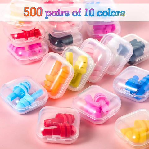 200 Pairs Silicone Ear Plugs Bulk With 10 Assorted Colors And Carry Cases displayed on a pink background