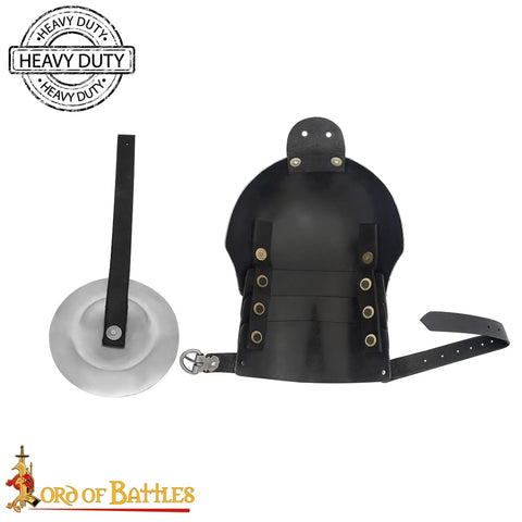 Medieval Spaulders With Knightly Besague 16 Gauge Steel Heavy Duty Shoulder Armor With Leather Straps displayed flat
