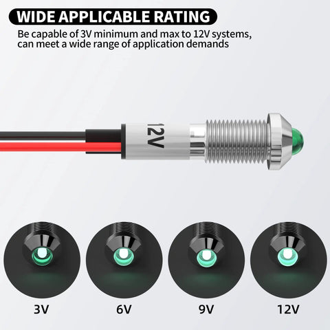8mm 12V Green LED Indicator Light Waterproof Panel Mount Pilot Light Pre Wired For Boat And Car Marine Grade 12 Volt Indicator Lights Pack Of 10 Five Sixteenth Inch Mount Hole, 3V-12V range