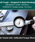 Lab test showing torque wrench on 6" timber screw, with strength comparison to standard screw