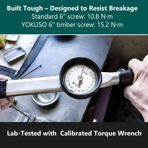 Drop Dead Tough 5/16 X 12 Inch Hex Lag Screws For Outdoor Deck Build And Timber Framing Self Drilling showing calibrated torque wrench measuring.