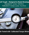 Tough As Nails Outdoor Timber Screws 40 Pack 5/16 X 12 Inch Self Drilling Lag Bolts being tested with calibrated torque wrench.