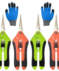 5 Pack Pruning Shears With Gloves Garden Clippers and blue gloves, stainless steel snips, green and orange handles, for gardening.