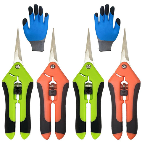 5 Pack Pruning Shears With Gloves Garden Clippers and blue gloves, stainless steel snips, green and orange handles, for gardening.
