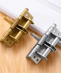 90 Degree Right Angle Door Closer Kit With Silent Auto Close, silver and gold finish parts on wooden surface