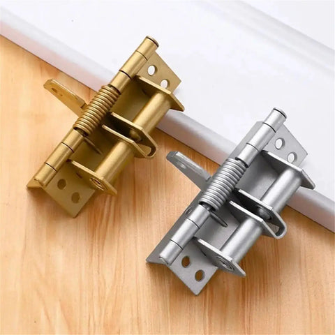90 Degree Right Angle Door Closer Kit With Silent Auto Close, silver and gold finish parts on wooden surface