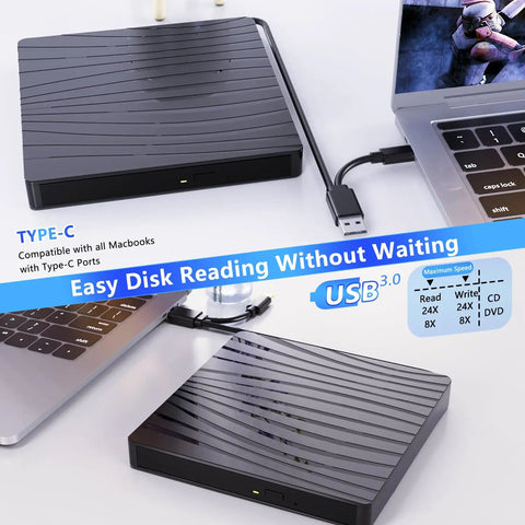 External USB-C Portable CD DVD Drive For Laptop And Desktop, Slim black optical drive with USB-C cable connected to MacBook