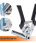 Close-up of Type M Hog Nail Ring Pliers Kit With 2400 M Clips For Fence Fastening, showing pliers and clips in use.