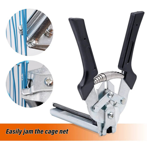 Close-up of Type M Hog Nail Ring Pliers Kit With 2400 M Clips For Fence Fastening, showing pliers and clips in use.