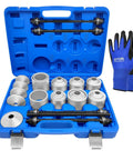 Front view of blue case containing 40-piece universal pull and press sleeve kit with metal bushings, two rods, and gloves.