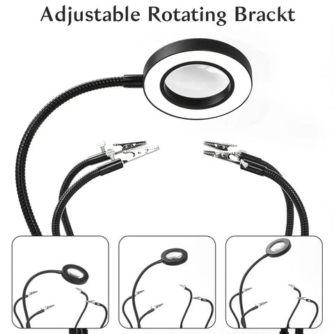 Soldering Magnifying Glass With Four Arm Magnetic Holder And 3X LED Light, showing adjustable arms and rotating bracket.