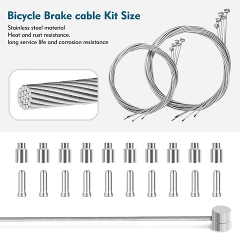 Premium Zinc Coated Bike Brake Cable Kit with caps, 110cm and 150cm cables, stainless steel, rust resistant for smooth braking.