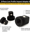 Low Profile Impact Socket Adapter Set, three chrome moly adapters with detent ball retention and knurled bases for grip.