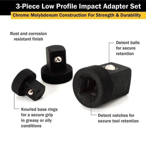 Low Profile Impact Socket Adapter Set, three chrome moly adapters with detent ball retention and knurled bases for grip.