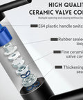 Diagram of the ceramic valve core system in a Modern Single-Handle Black Stainless Steel Bathroom Faucet With Deck Plate And Pop Up Drain, Fits 1 And 3 Hole Vanities, Lavatory Basin Vanity Tap, No-Fuss Easy-Install Hot And Cold Lever, Commercial-Grade Quality, showing components like E64 plastic handle switch and rubber sealed loop.