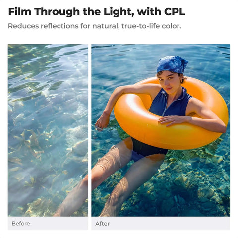 Split image comparison, before and after using Slick Snap On CPL Filter For iPhone 17 Pro Max And 17 Pro Ultra, showing clarity.