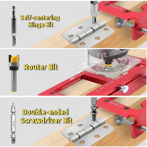 Pro Grade Door Hinge Router Jig Kit Durable Aluminum Mortise Template with self-centering hinge bit and router bit in use