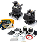 Torque airbag suspension kit; two black air springs with mounting brackets, hardware, red air line, and box.