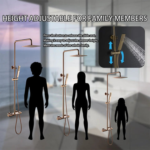 Rain Shower System with 10" Rainfall Head & Thermostatic Faucet, Wall Mounted Brass Shower Set, height adjustable for family use.