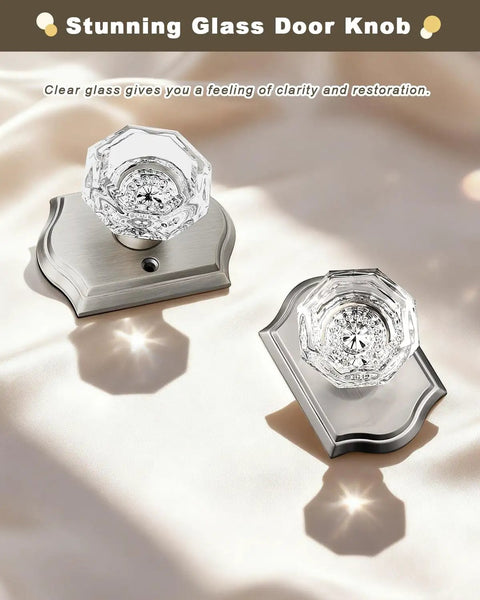 Clear Octagon Crystal Glass Door Knob Kit With Keyless Passage Handle For Hallway, Closet, Pantry, Satin Nickel Arched Rosette