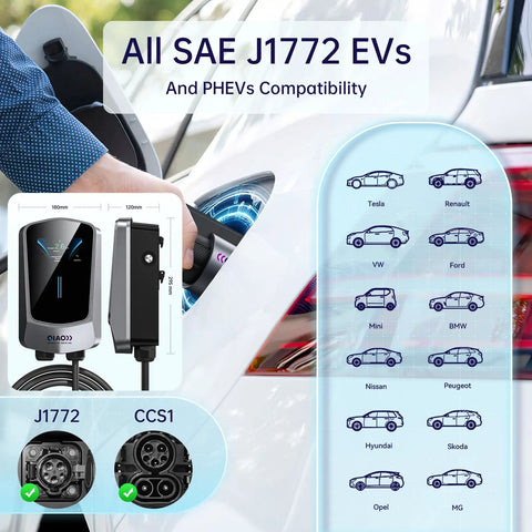 Heavy Duty Level 2 EV Charger J1772 Compatible 48 Amp 11.5 Kilowatt Wall Mount Charging Station with car compatibility diagram.