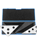 QWORK solid angle plate set, front view; two triangular metal blocks (30-60-90° and 45-45-90°) in blue case
