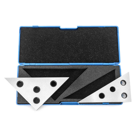 QWORK solid angle plate set, front view; two triangular metal blocks (30-60-90° and 45-45-90°) in blue case