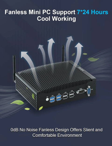 Slick Industrial Mini PC With An Eighth Gen Intel Core I5-8260U Chip Paired To A Full 16GB DDR4 Kit And Blazing 512GB Solid State Drive For Dead Simple Windows 11 Pro Tasks Inside A Totally Silent Fanless Build That Just Gets The Job Done Right. Back view showing ports and fanless cooling design.
