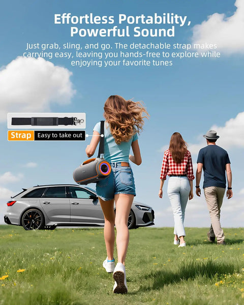 Person carries Portable Bluetooth Speaker For Outdoors With 200W Max Power while walking in a field, car in background