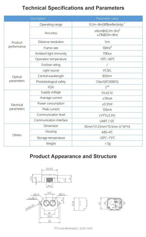 Technical specifications and dimensions of the TF Luna LiDAR Sensor For Drones And Robots Short Range 0.1 To 8 Meters.