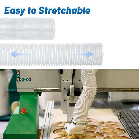 Heavy Duty 4 by 5 Inch Flexible Clear PVC Dust Collection Hose With Stainless Steel Clamps, connected to CNC machine for dust extraction.