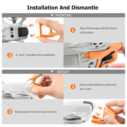 Illustration of Neo Drone Gimbal Protector Lens Guard Bumper Bar installation and removal process steps.