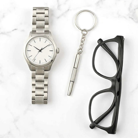 Compact 4 Piece Mini Eyeglass Screwdriver Set With 3 In 1 Flathead And Phillips Drivers, Eyeglass Tightener Keychain next to watch and glasses