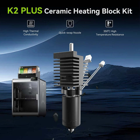 K2 Plus Ceramic Heating Block Hotend Kit with Unicorn Quick Swap Nozzle shown in front of a 3D printer, highlighting its features.