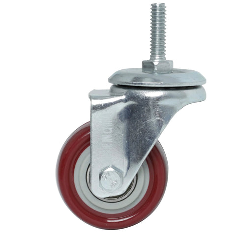 2-inch red polyurethane caster with threaded 1/4-20 stem and metal housing, side view