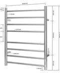 Go To Wall Mounted Towel Warmer With Built In Timer 8 Bar Heated Towel Rack Stainless Steel IP56 Waterproof Chrome Finish Ideal For Bathrooms Premium Quality LED Timer Alerts Space Saving Design, dimensions labeled